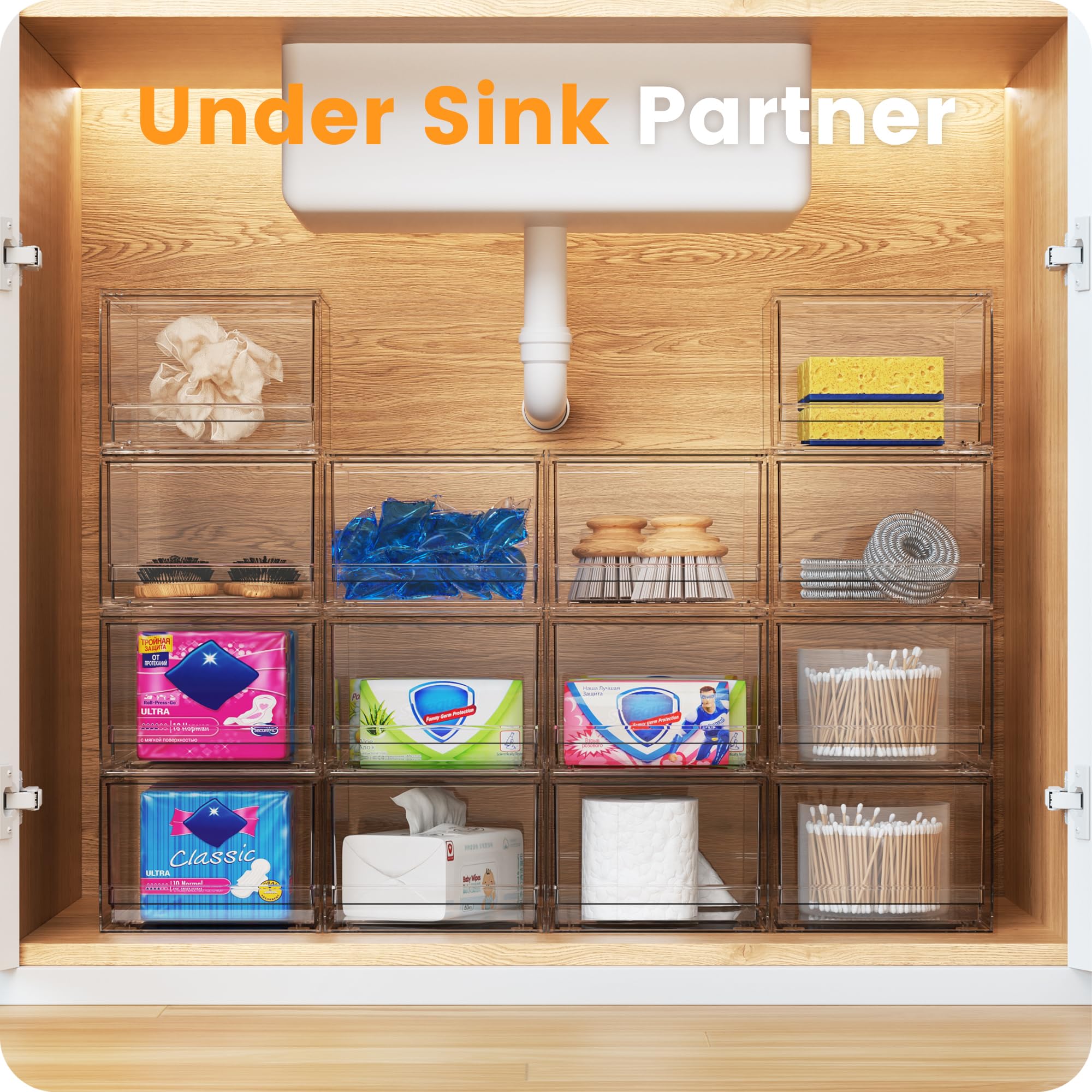 A-LuGei under-sink storage drawers keep sponges and cleaning supplies tidy