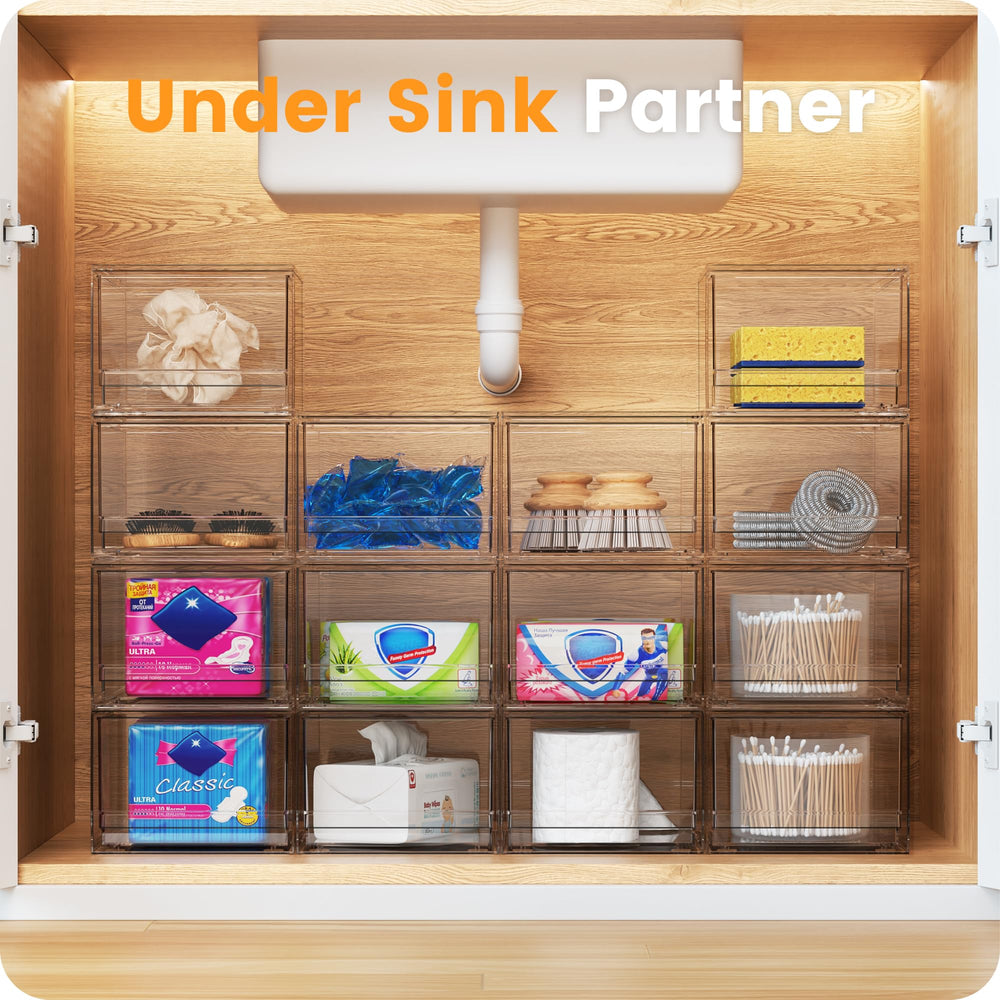 A-LuGei under-sink storage drawers keep sponges and cleaning supplies tidy