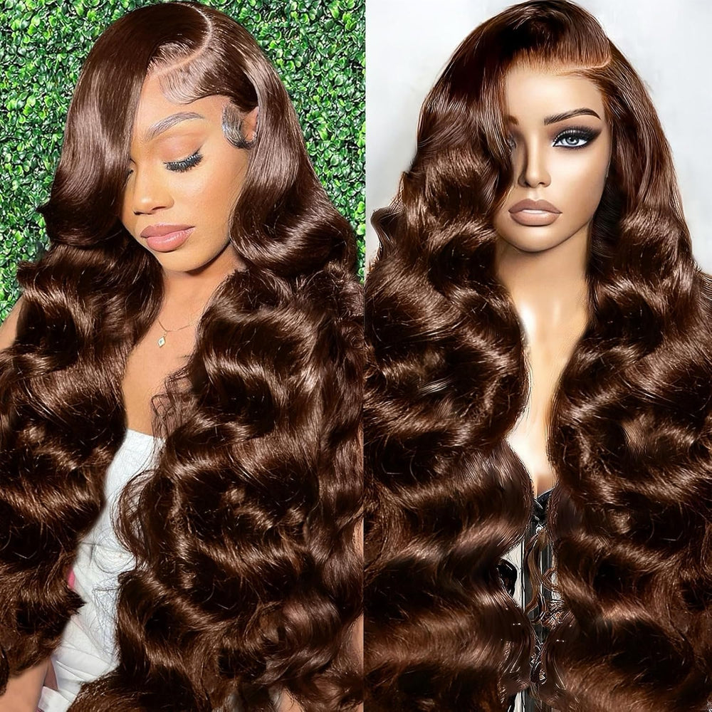 A8 chocolate brown wig 13x6 lace-front close-up highlights natural hairline and luster.