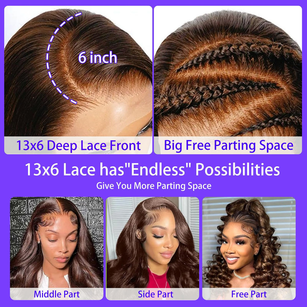 A8 chocolate brown wig lace-details ultra-invisible Swiss lace for seamless scalp appearance.