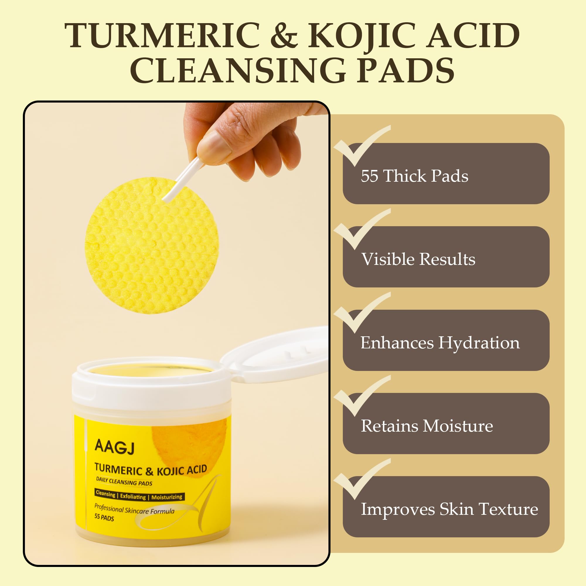 AAGJ Turmeric Kojic Acid Pads ingredients close-up highlights turmeric and chamomile.