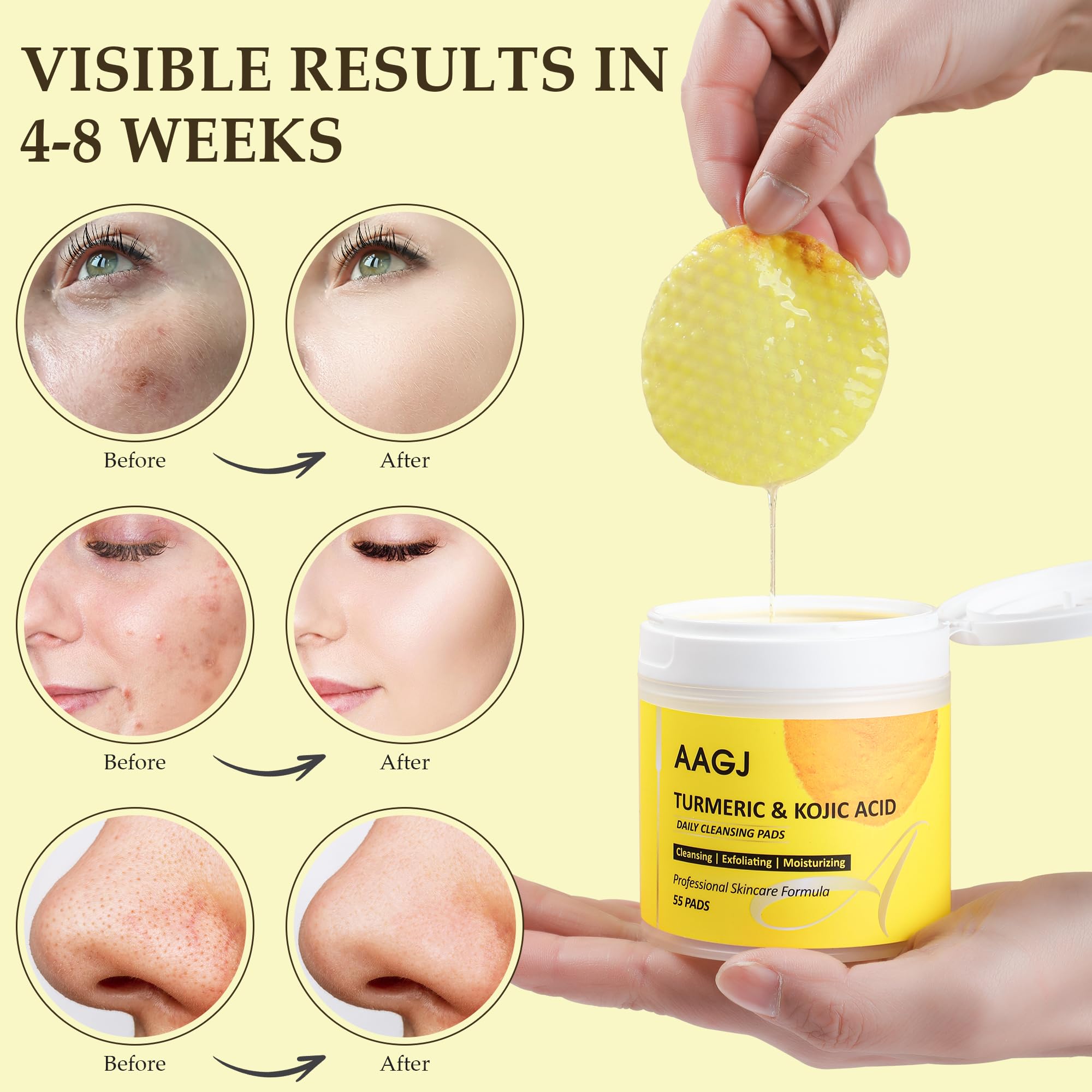 AAGJ Turmeric Kojic Acid Pads packaging shows 55 pads for travel-friendly routine.