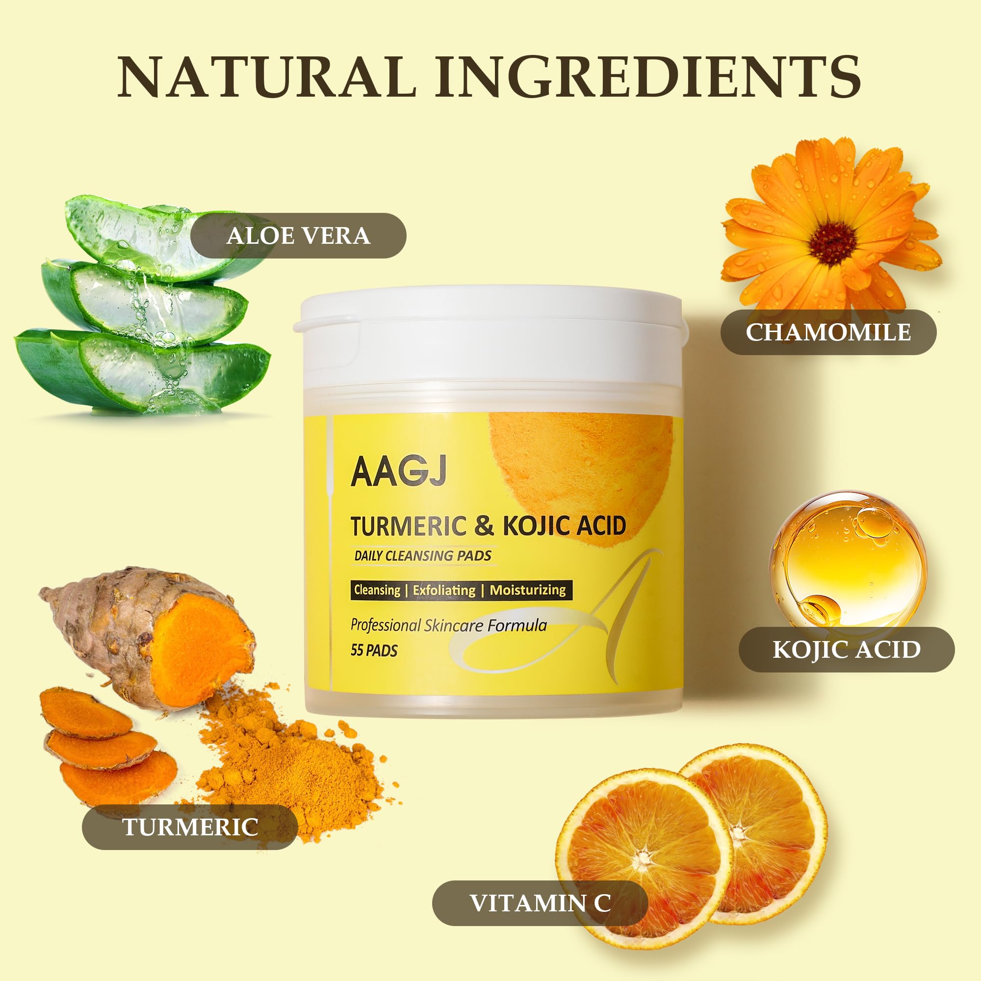 AAGJ Turmeric Kojic Acid Pads turmeric-infused side calms and nourishes skin.
