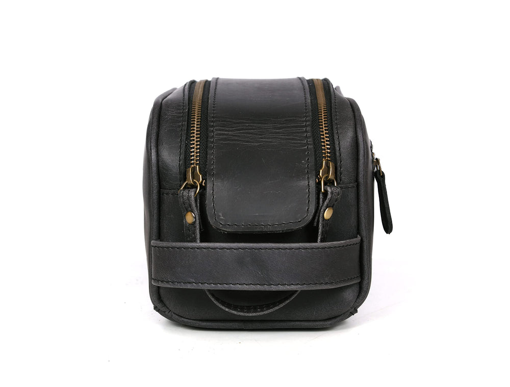 Leather strap handle provides easy grabbing and on the go portability