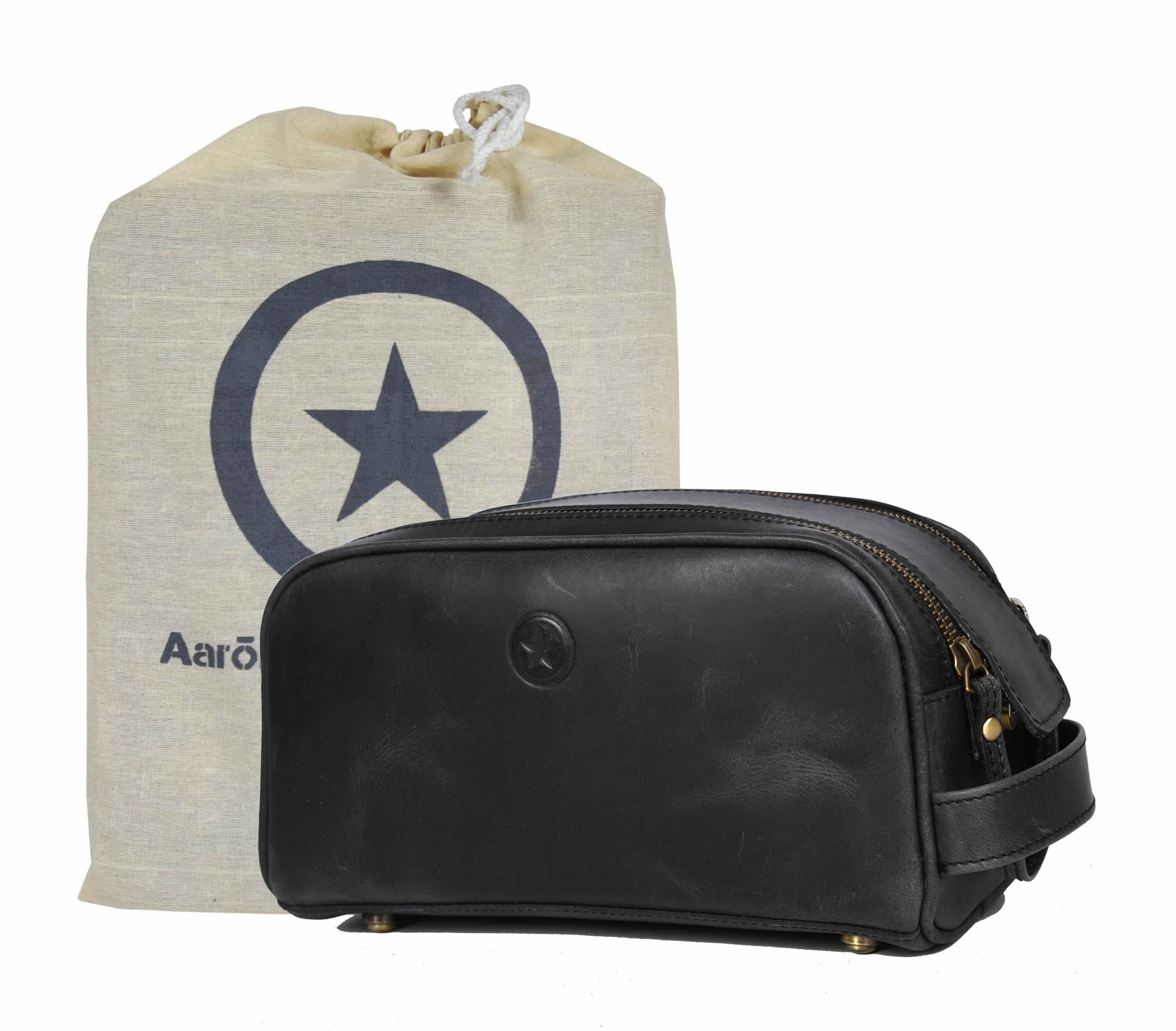 Aaron Leather Goods Vendimia Toiletry Pouch in black with spacious interior for grooming essentials