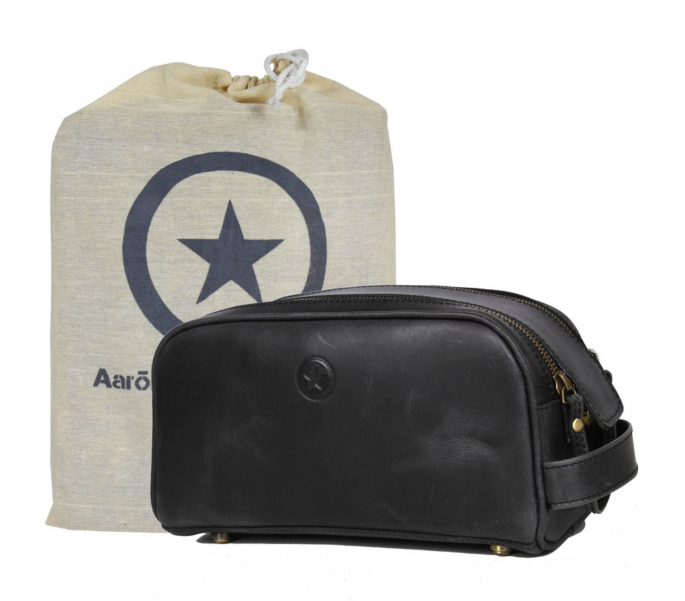 Aaron Leather Goods Vendimia Toiletry Pouch in black with spacious interior for grooming essentials