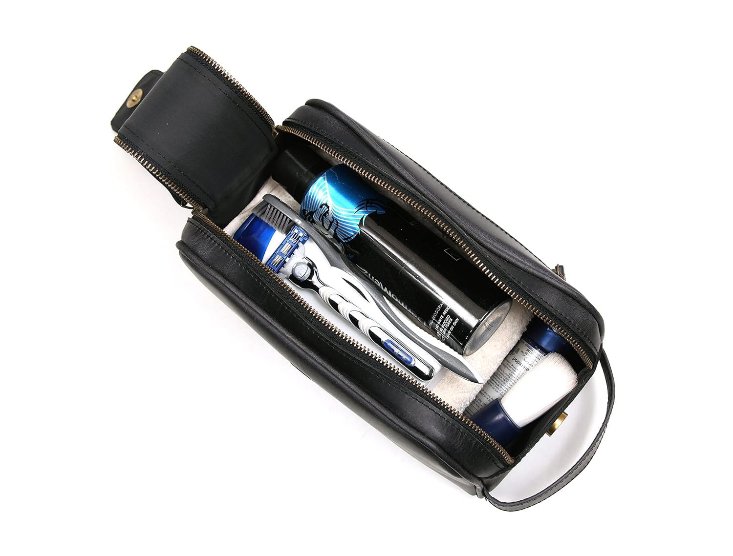Aaron Leather Goods Vendimia black pouch open showing organized interior and external pocket