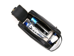 Aaron Leather Goods Vendimia black pouch open showing organized interior and external pocket