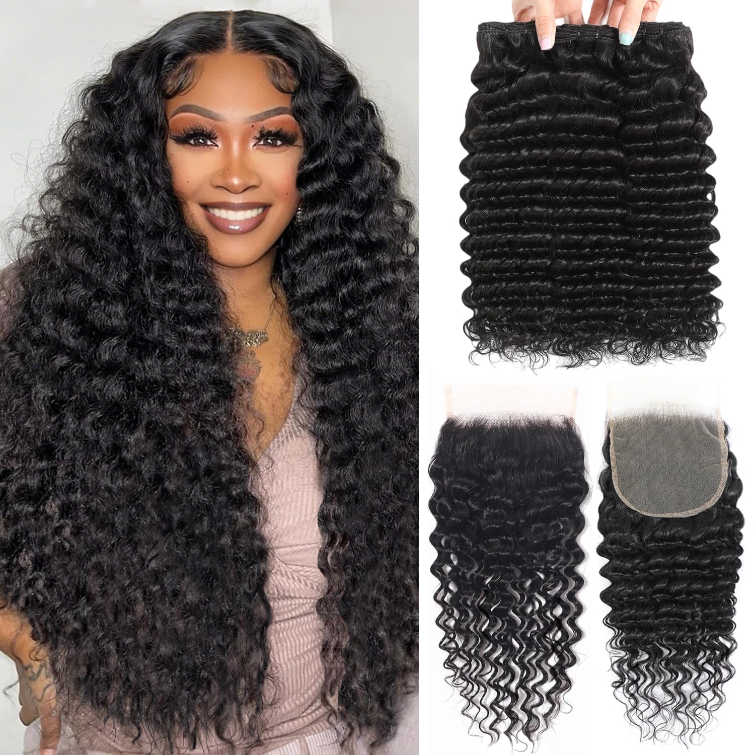 AARRXX deep wave bundles with closure for a voluminous natural styling.