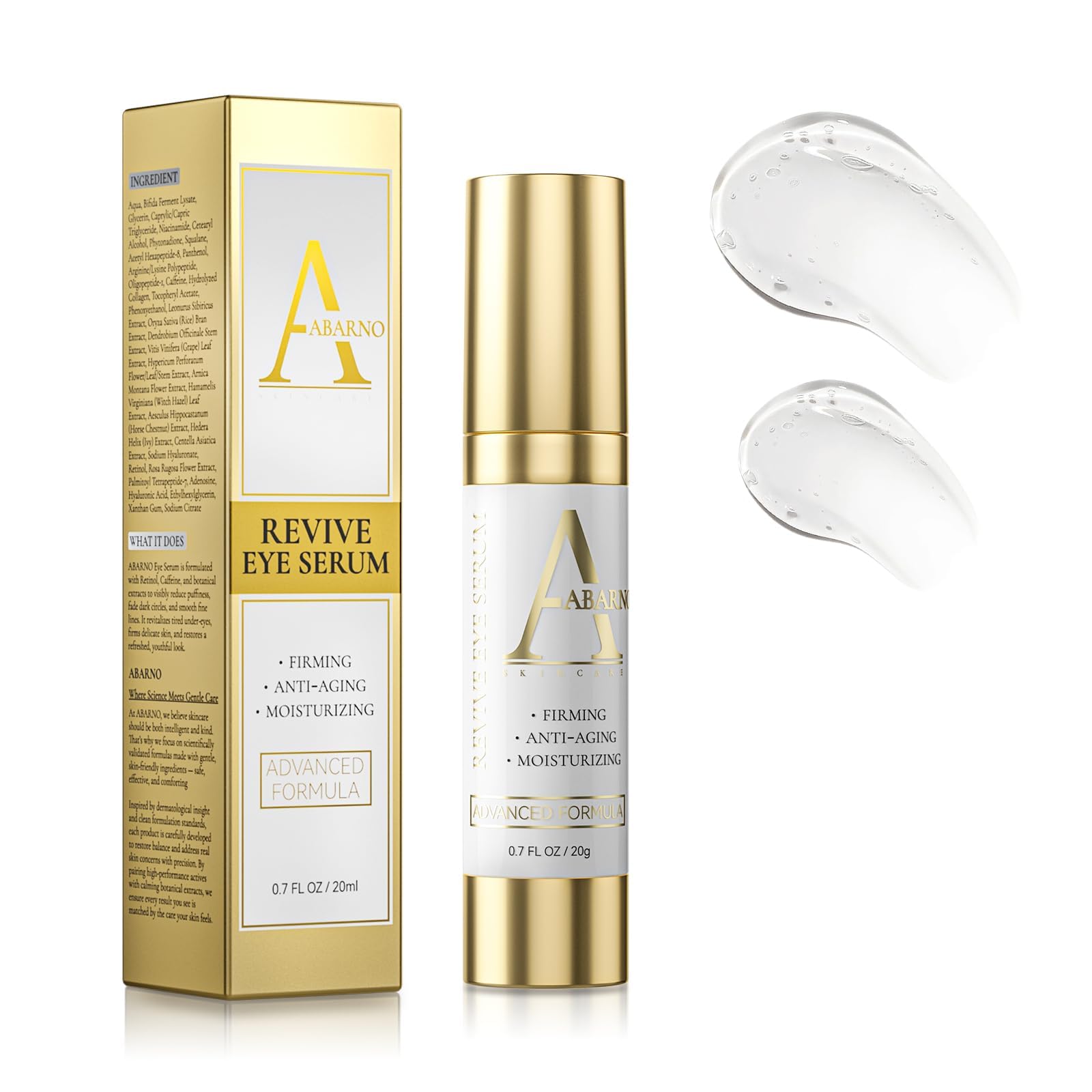 Abarno hydrating eye serum bottle for quick, lightweight under-eye care.