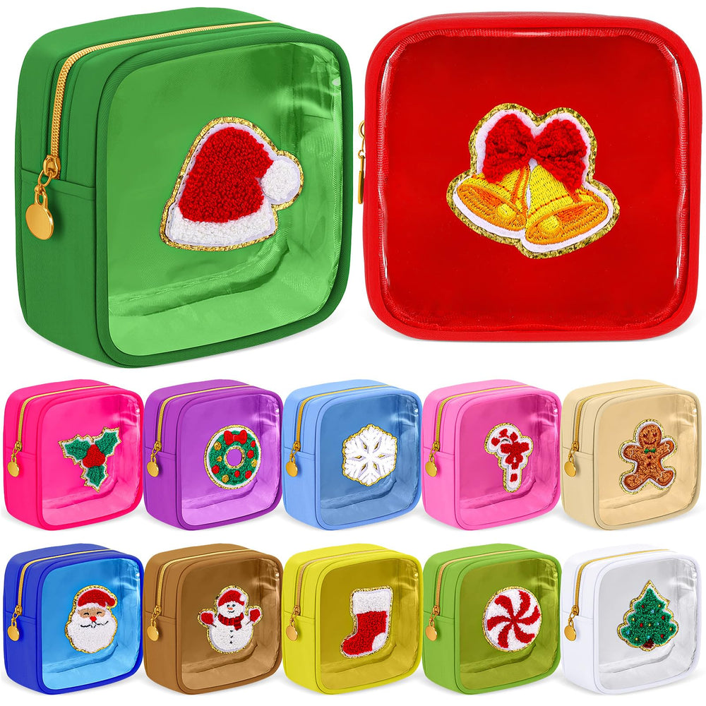 Abbylike 12-piece Christmas patch makeup bags in frosted nylon for stylish travel.