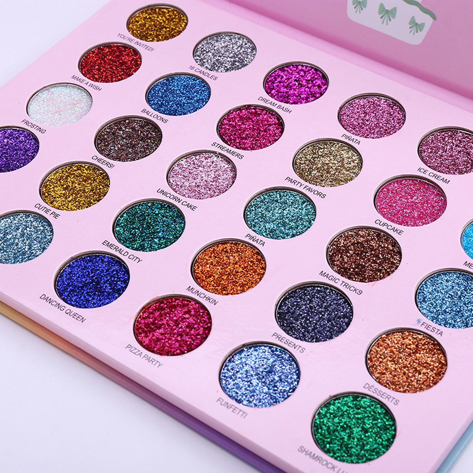 ABELYN closeup glitter particles palette highlights micro-shimmer details