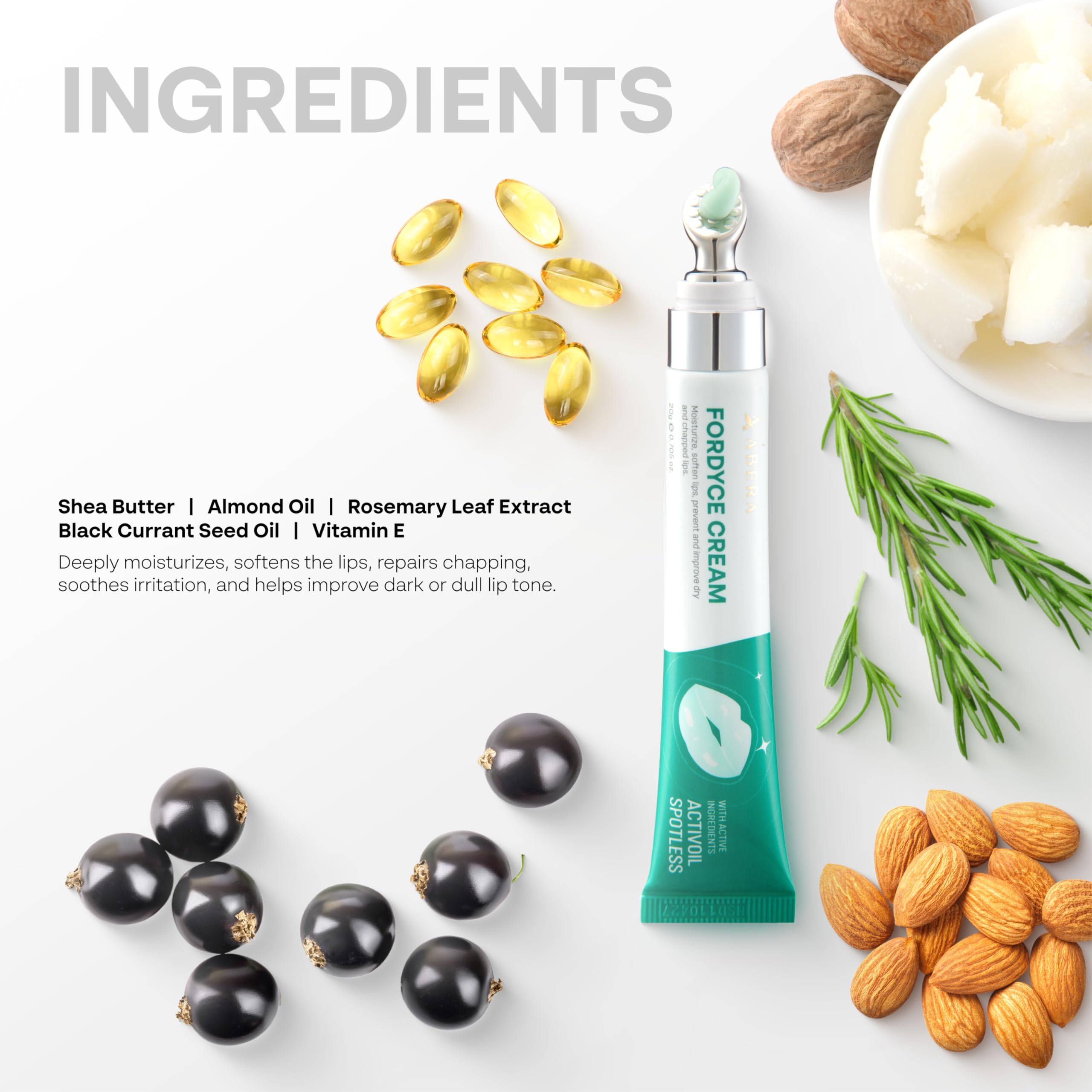 Abera Fordyce Cream gentle formula suitable for sensitive lips and surrounding skin.