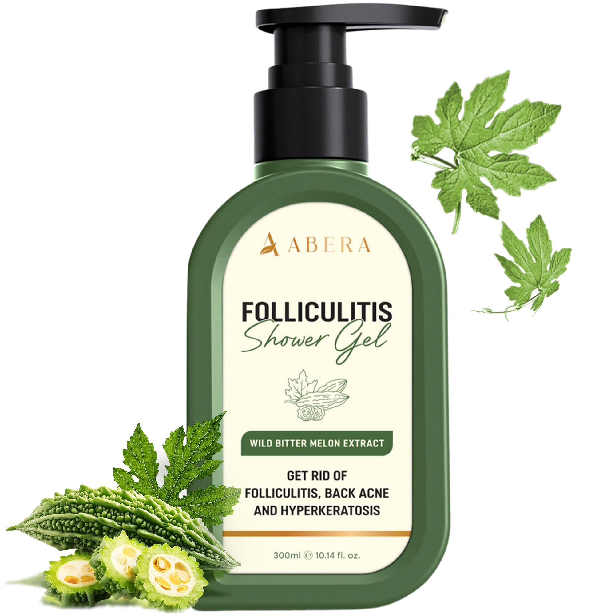 ABERA high-performance folliculitis body wash bottle being poured for clear pores