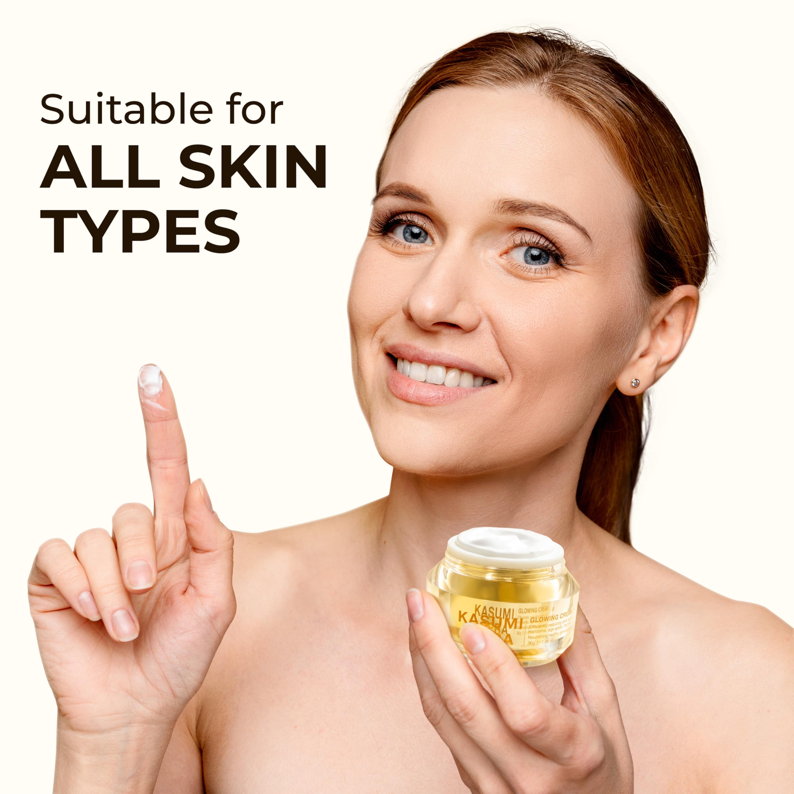 ABERA Kasumi Glowing Cream ingredients panel emphasizing exfoliation and brightening actives