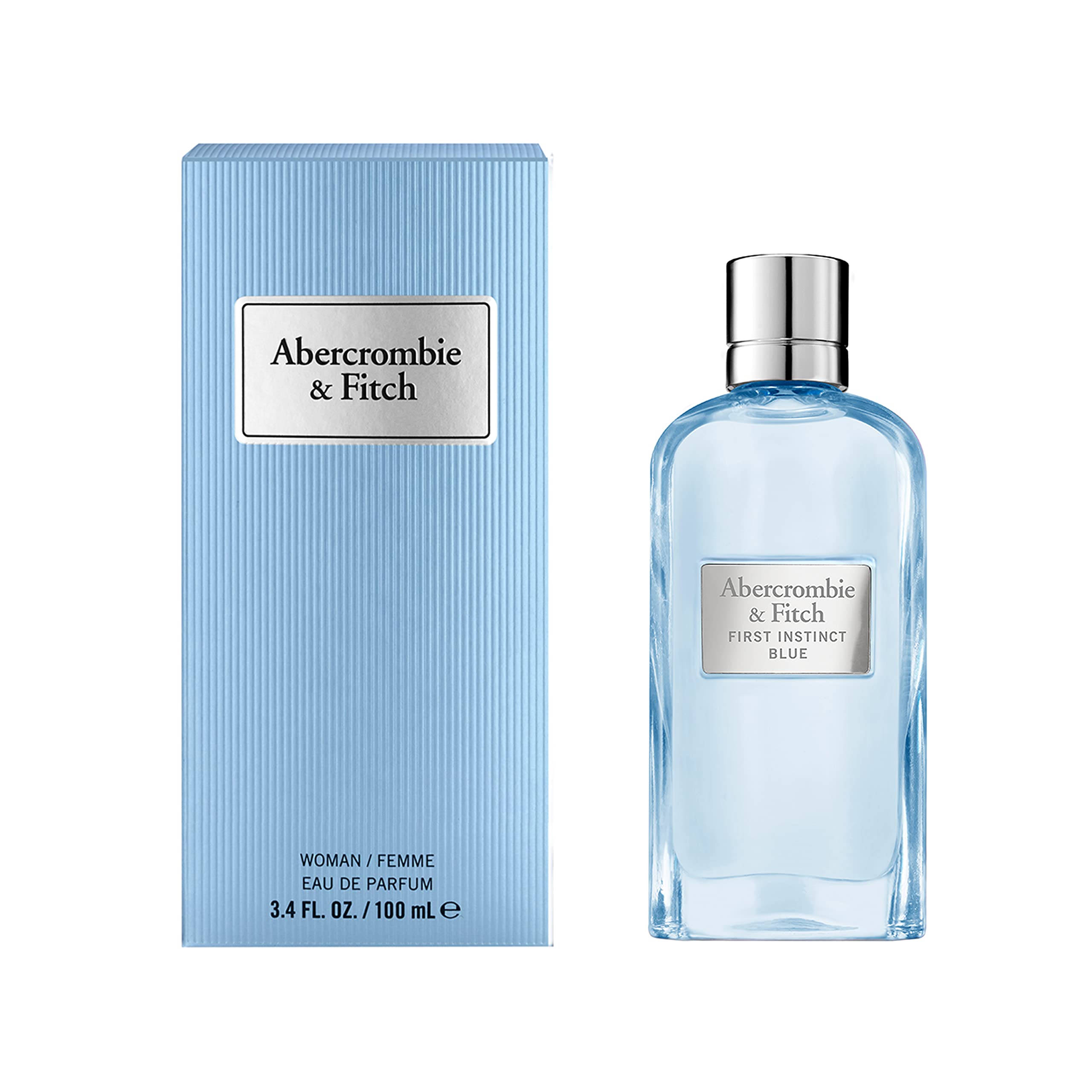 Abercrombie & Fitch First Instinct Blue spray highlights a vibrant flower-fruit scent for everyday wear.