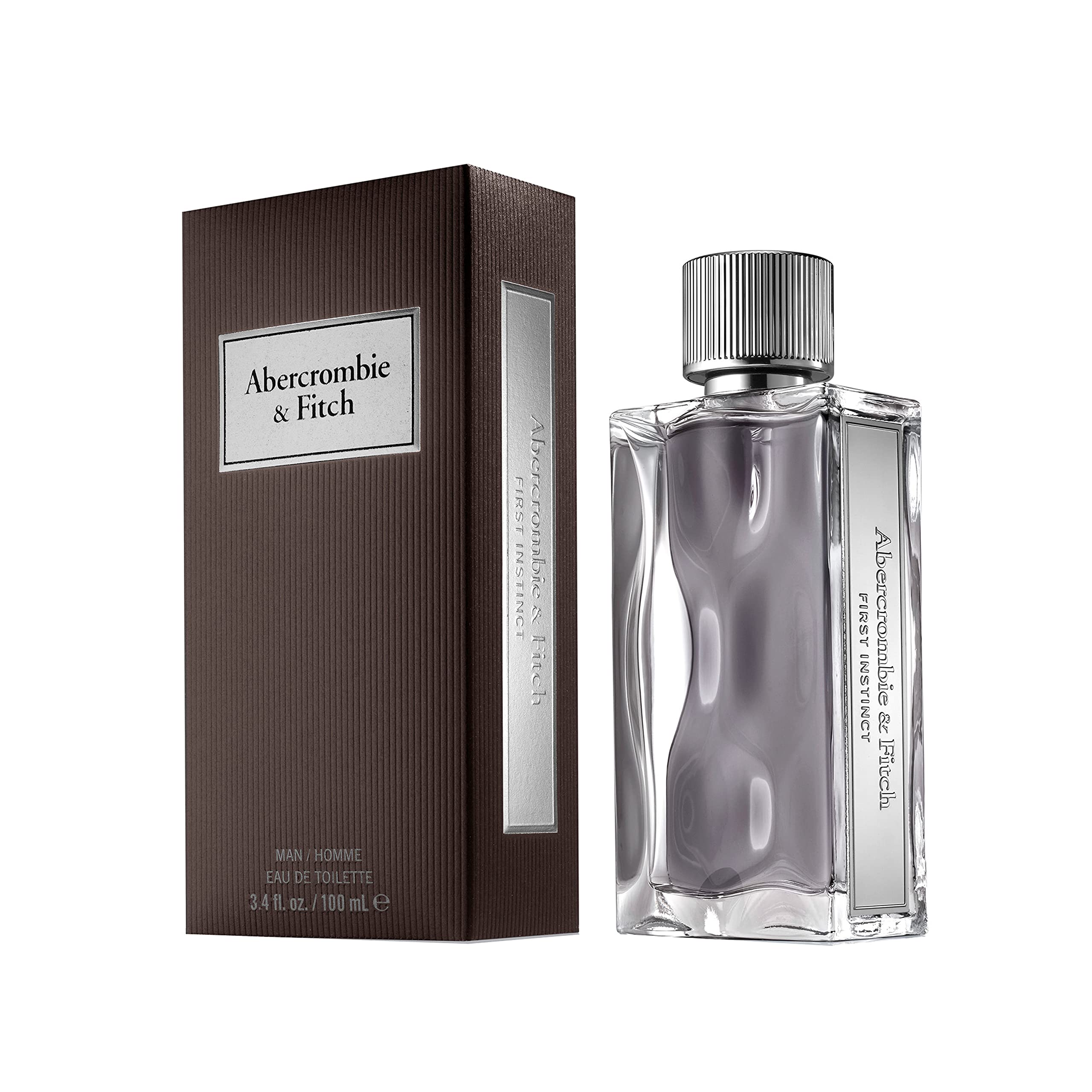 Abercrombie & Fitch First Instinct bottle closeup emphasizes the cap and amber juice for daily refinement.