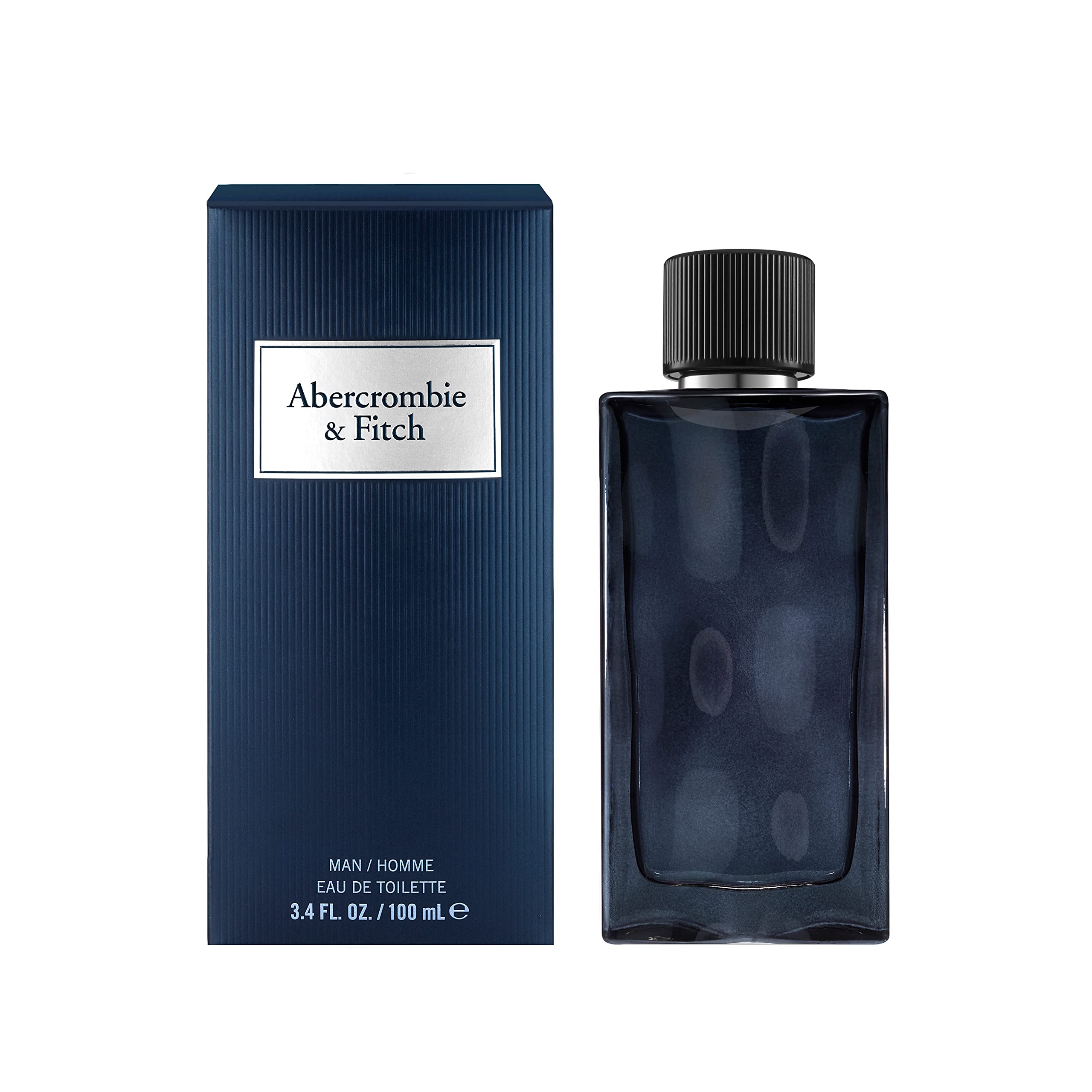 Abercrombie & Fitch First Instinct Blue product shot on shelf suggests confident daytime fragrance.