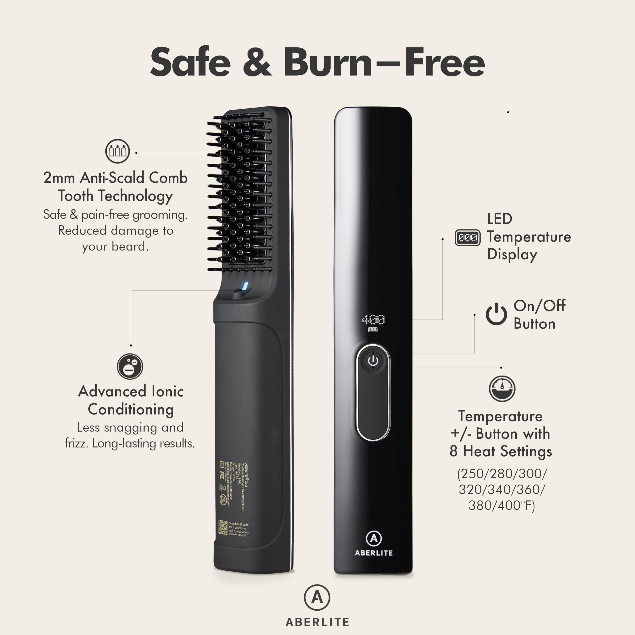 Aberlite Go 2 anti-scald comb tooth enables safe near-root beard styling