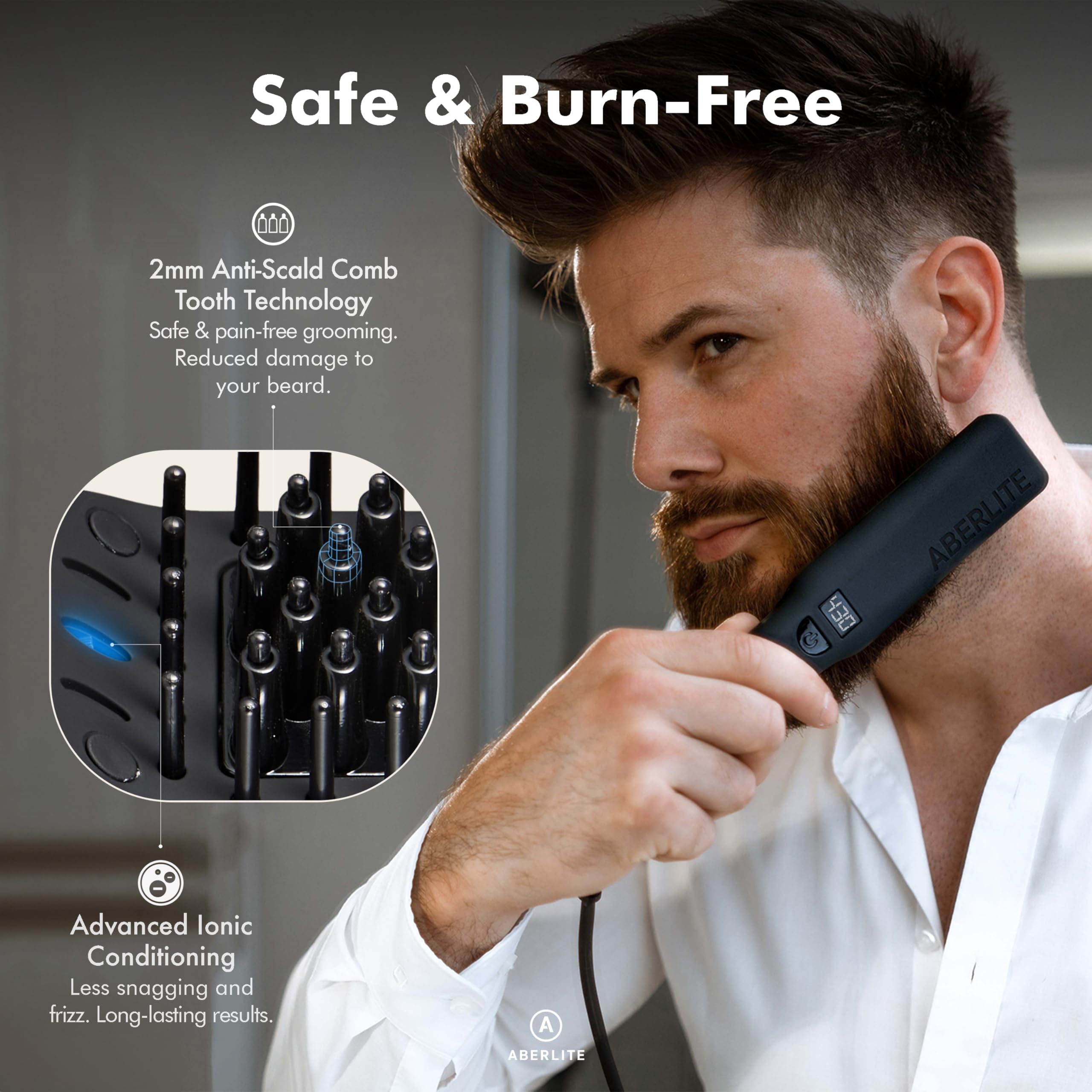Aberlite Pro Upgraded anti-scald comb tooth close-up enabling safe root-to-tip straightening.
