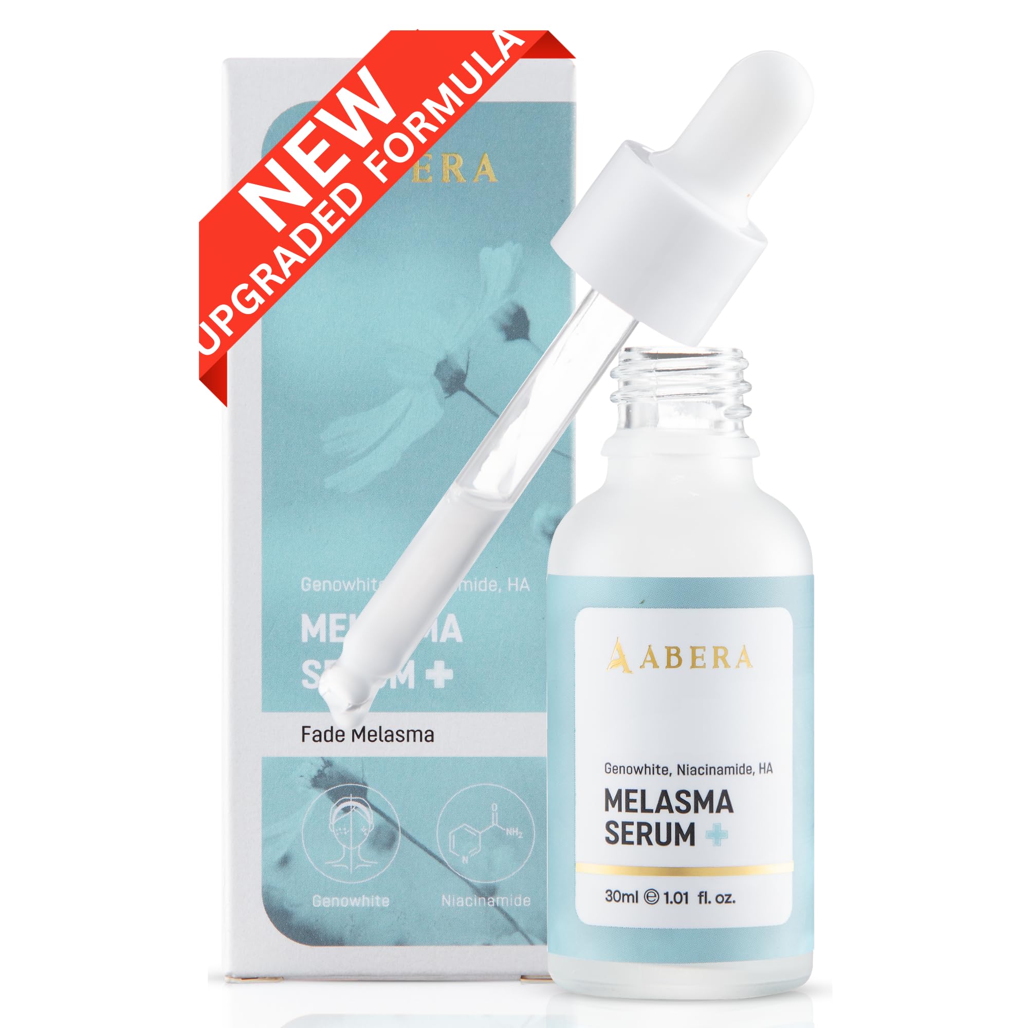 Abera Melasma Serum bottle on a clean vanity, targeting dark spots and uneven tone.