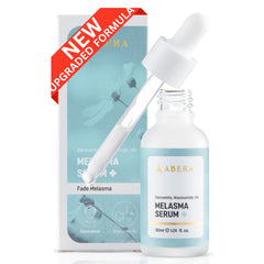 Abera Melasma Serum bottle on a clean vanity, targeting dark spots and uneven tone.