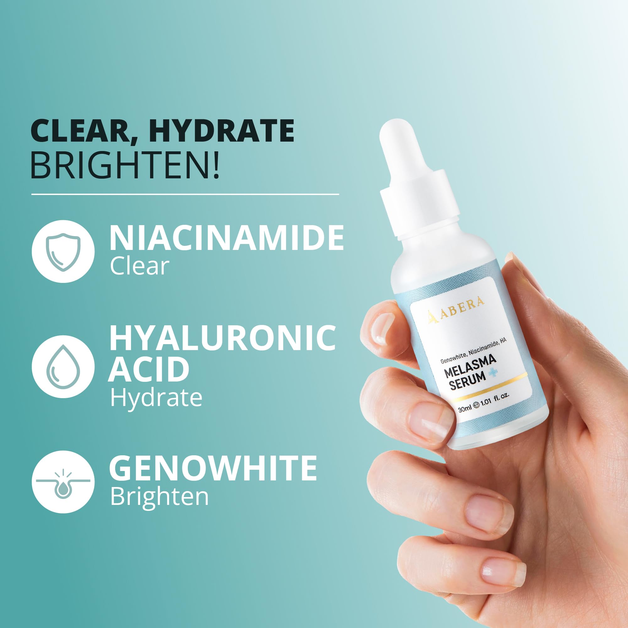 Abera Melasma Serum Niacinamide component visualization, helps even skin tone with continued use.