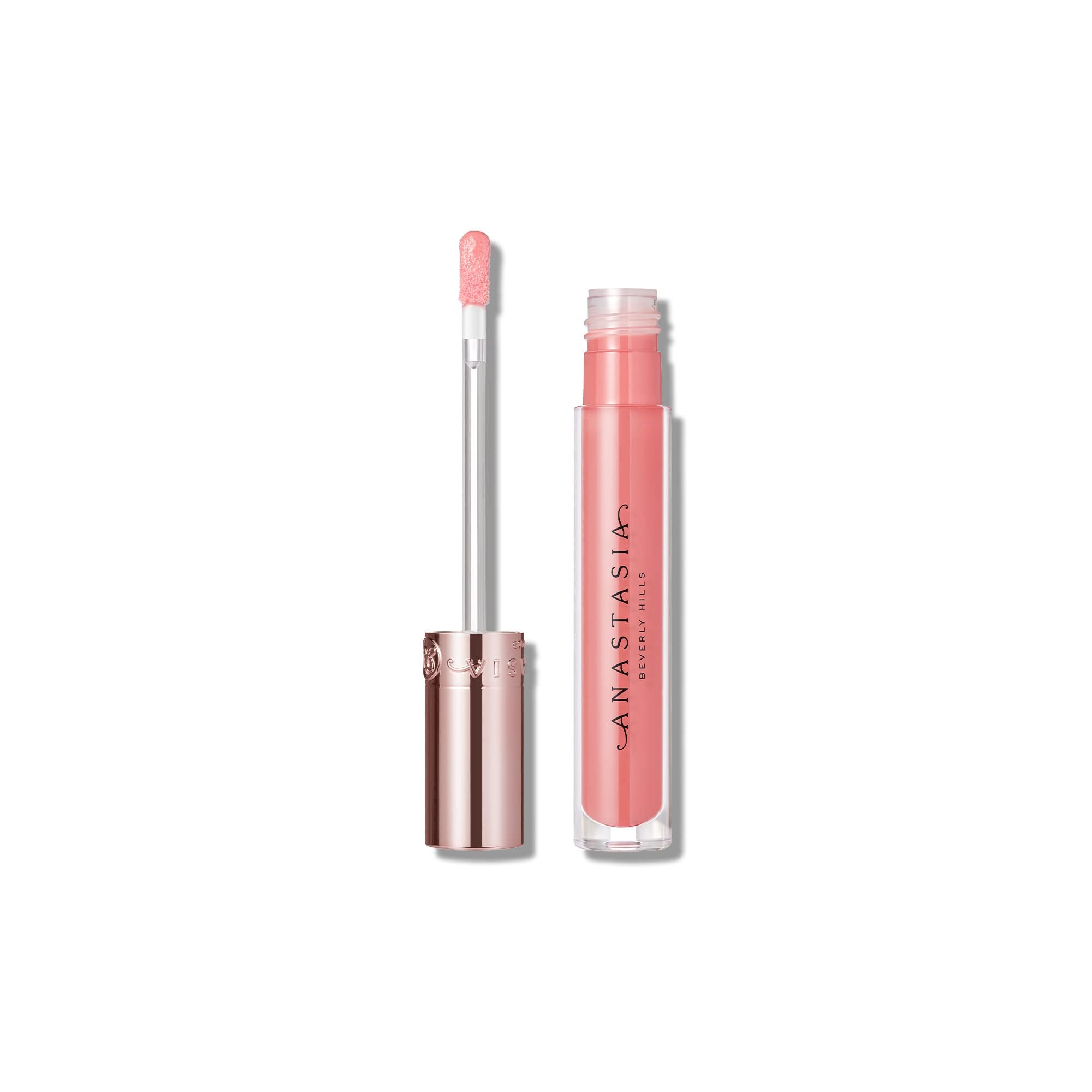 Anastasia Beverly Hills lip gloss soft pink swatch shows luminous shine for everyday wear