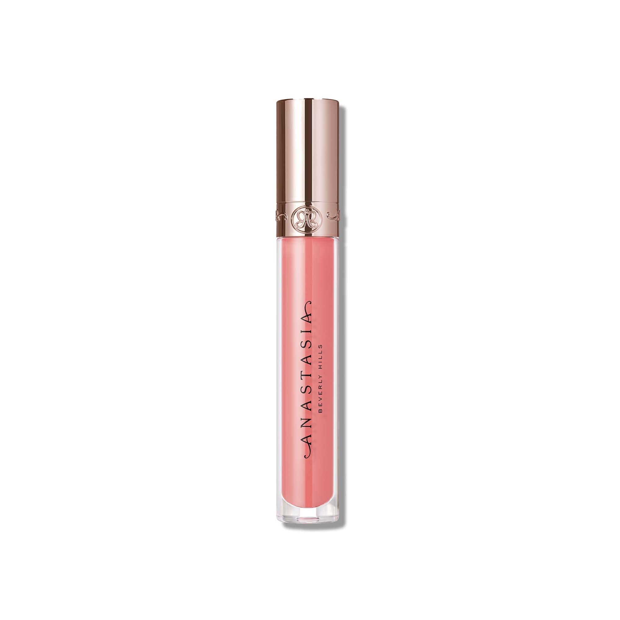 Anastasia Beverly Hills lip gloss soft pink close-up highlights rich color payoff and vanilla scent