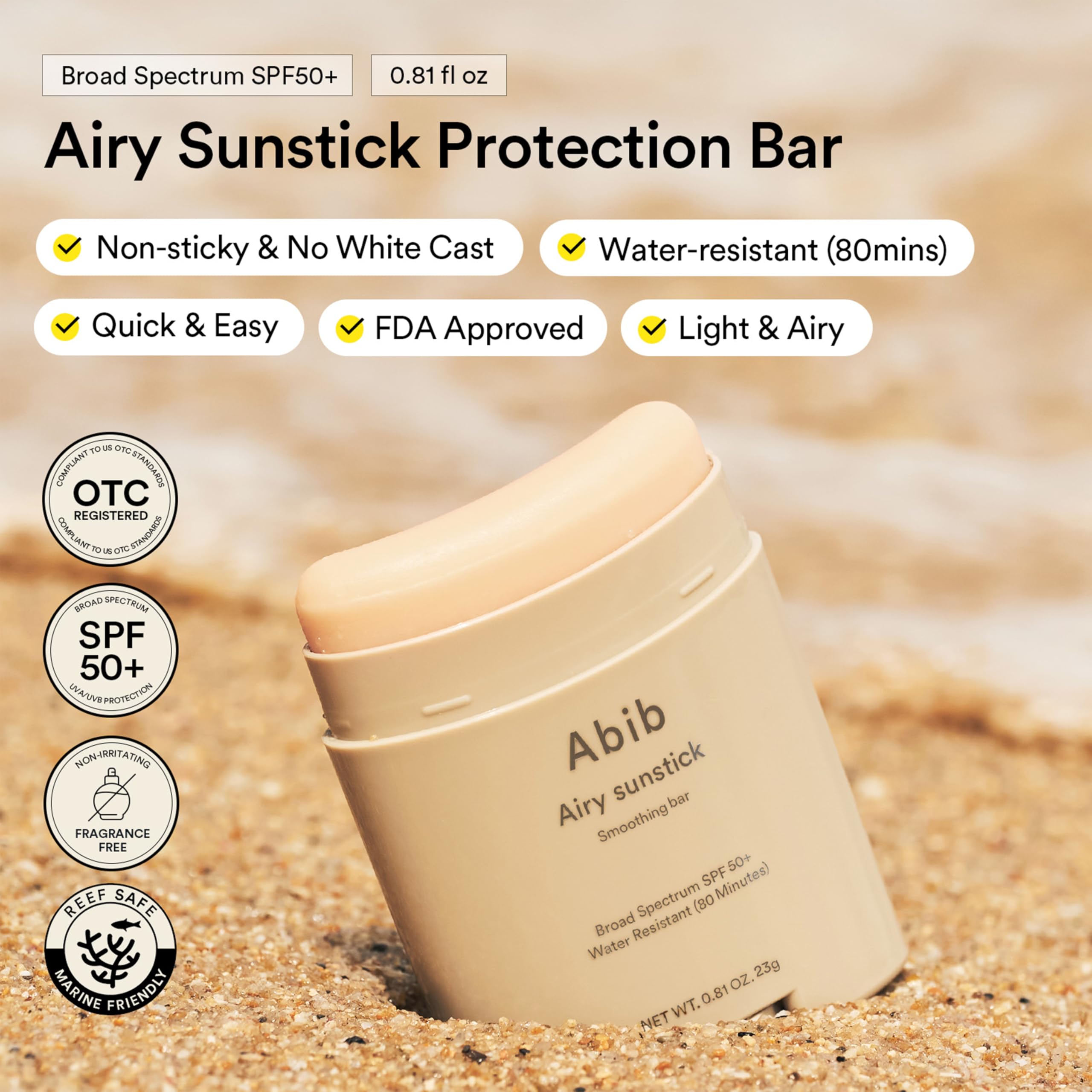 Abib Airy Sunstick application on face showing hands-free curved stick design.