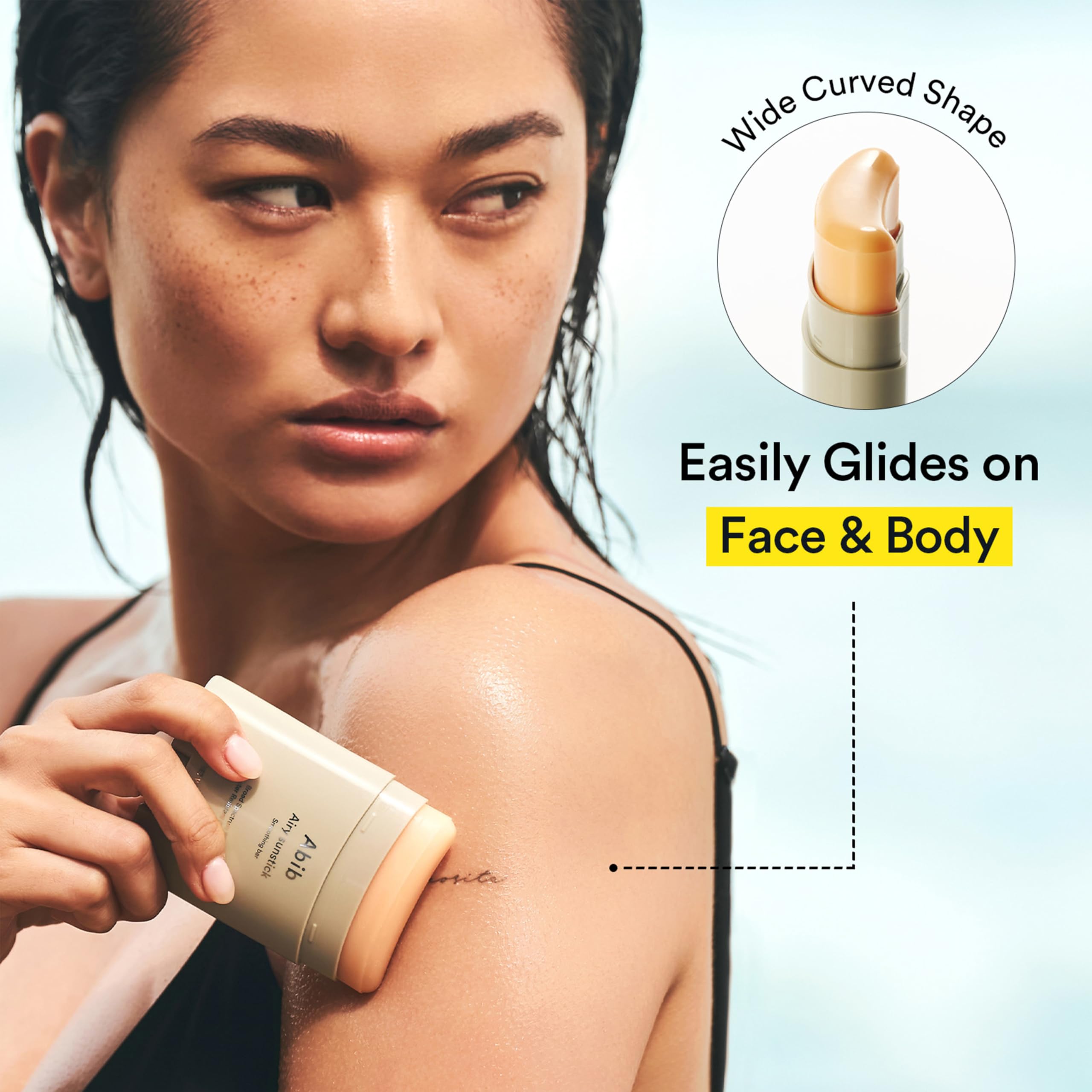 Abib Airy Sunstick curved-stick demonstrates portable, mess-free reapplication.