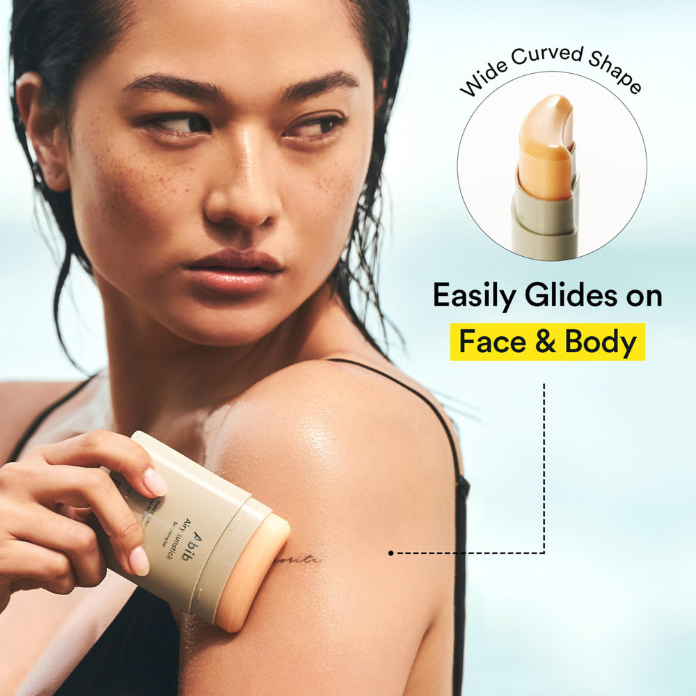 Abib Airy Sunstick curved-stick demonstrates portable, mess-free reapplication.