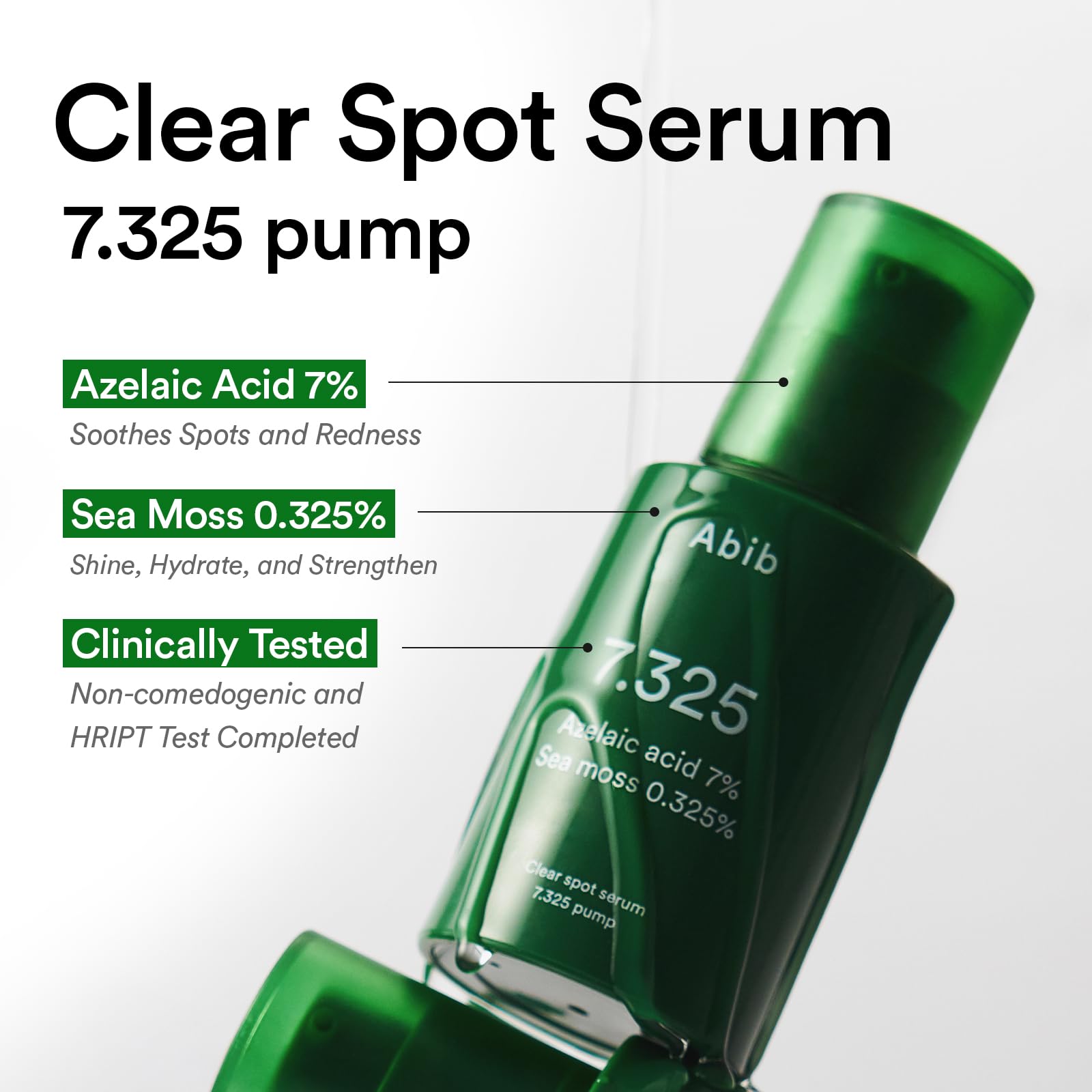 Abib Clear Spot Serum seamoss extract visual highlights soothing hydration and calm skin.