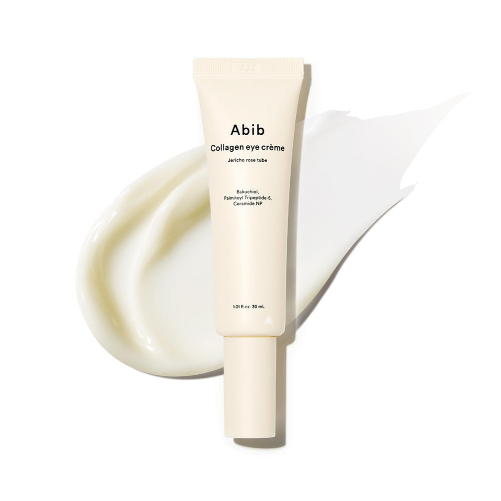 Abib Collagen Eye Crème Jericho Rose tube close-up highlighting soothing, hydrating under-eye care.