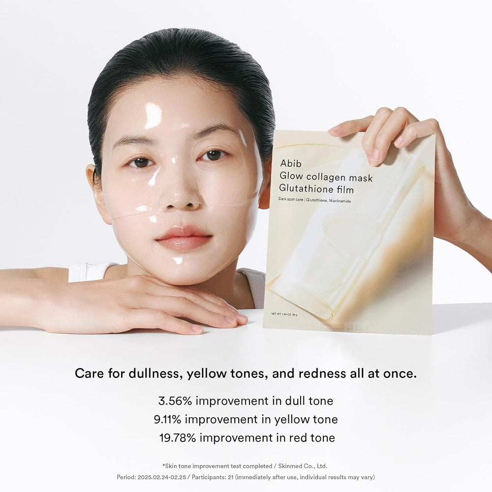 Abib Glow Collagen Mask Film application on skin shows tight adherence.