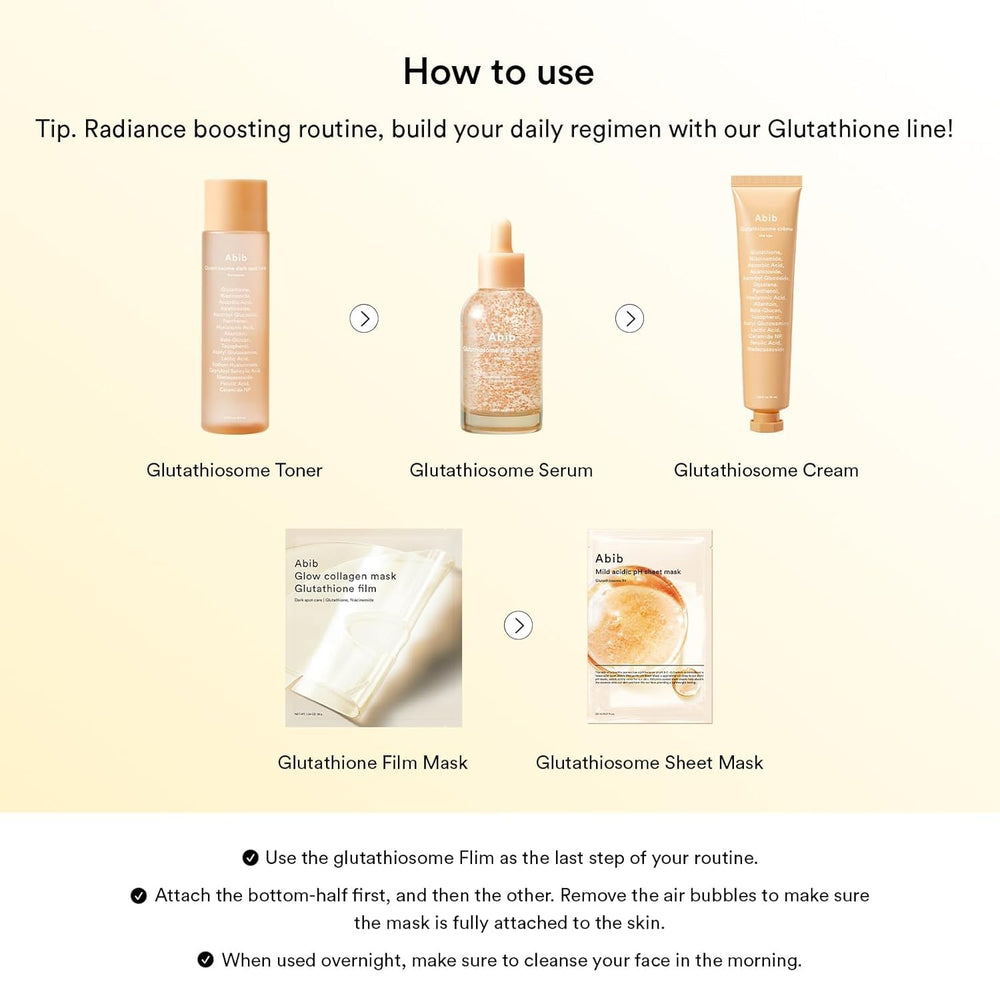 Abib Glow Collagen Mask Film with glutathione brightens skin tone possibilities.
