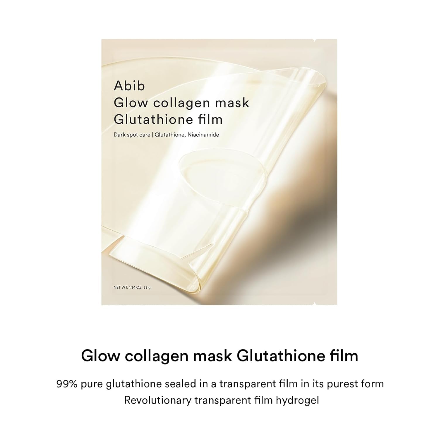 Abib Glow Collagen Mask Film packaging highlights vegan ingredients for gentle skincare.