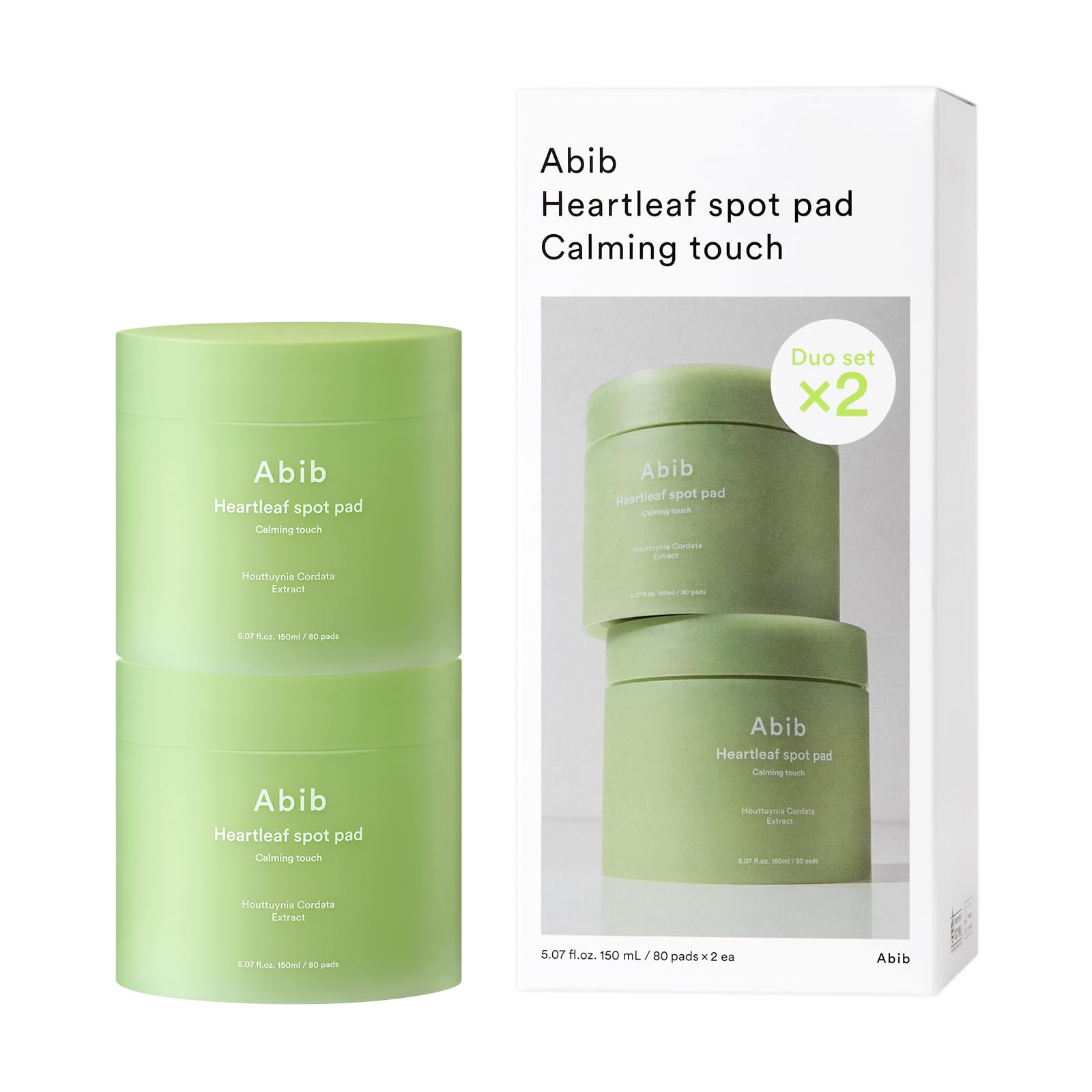 Abib Heartleaf Spot Pad duo set packaging highlighting travel-friendly pads.