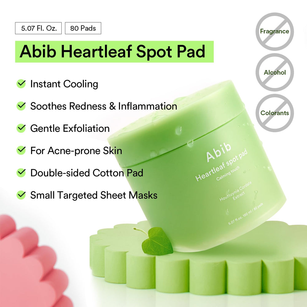 Abib Heartleaf Spot Pad close-up shows houttuynia extract for calming relief.