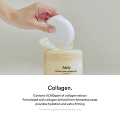 Abib Jericho Rose Collagen Pad applied to the face for gentle toning.