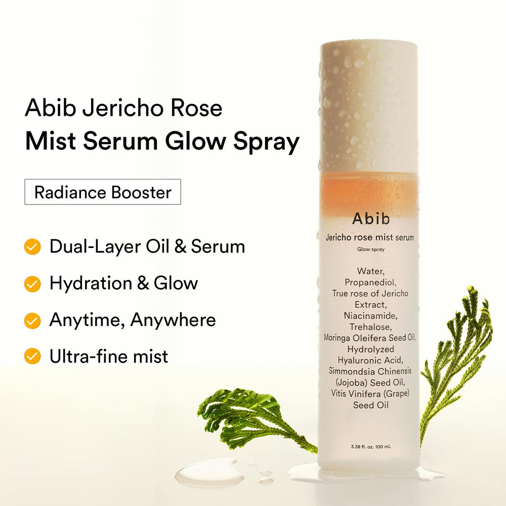 Abib Jericho Rose Mist application shows even mist coverage for refreshed skin.