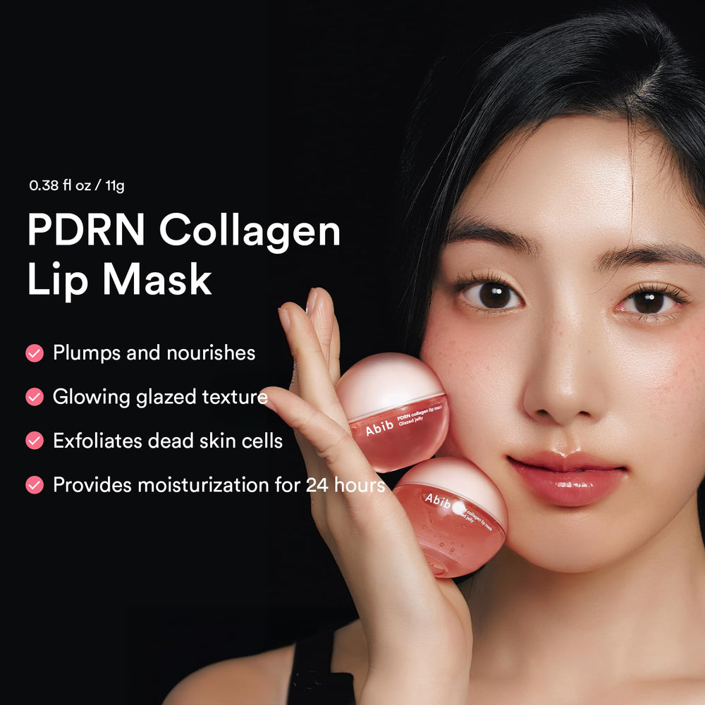 Abib PDRN Collagen Lip Mask jar closeup highlights clear gel texture and luxe finish