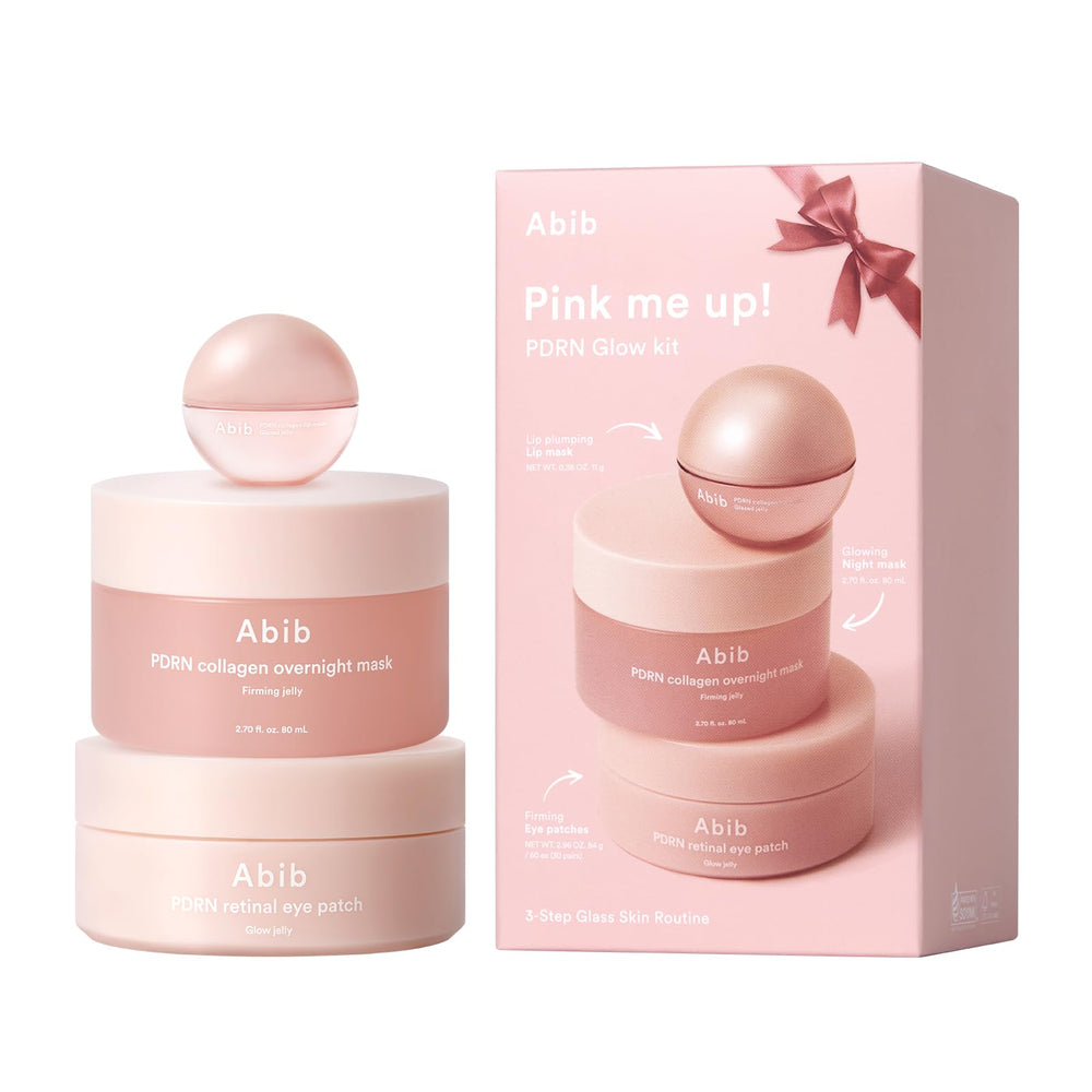Abib Pink Me Up PDRN 3 Step Glow Kit box shows an all-in-one glow routine
