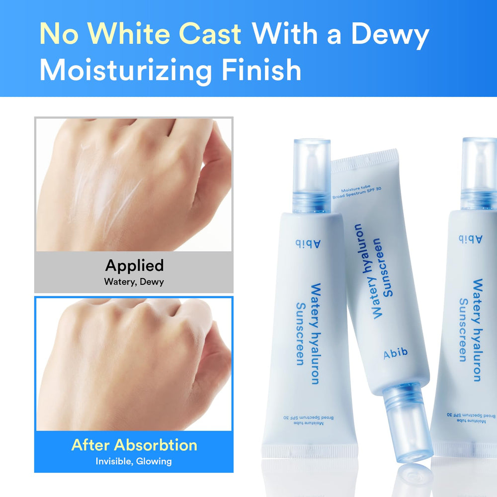 Abib Watery Hyaluron Sunscreen being applied to the face for daily protection.