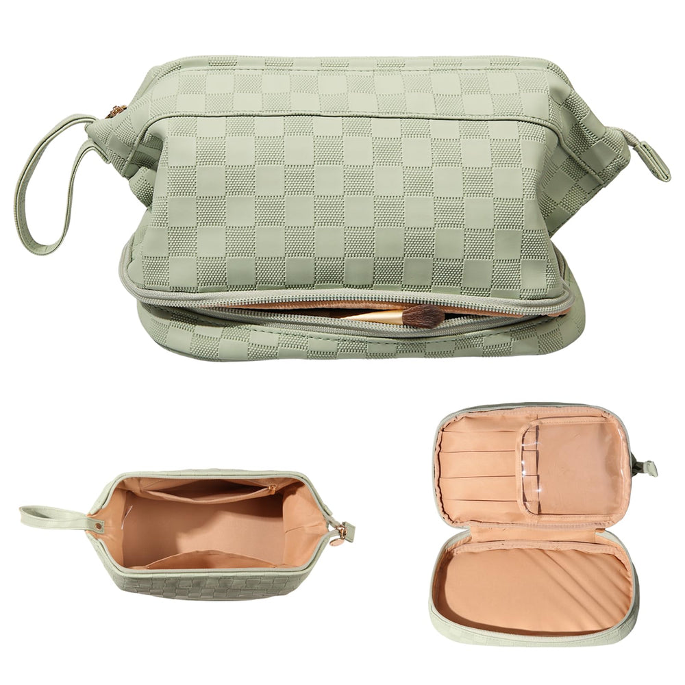 Abiudeng large makeup bag green with spacious interior for cosmetics on the go.