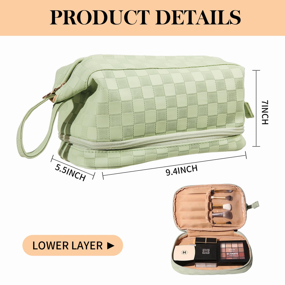 Abiudeng travel makeup organizer with brush holder shows dedicated slots for tidy routines.