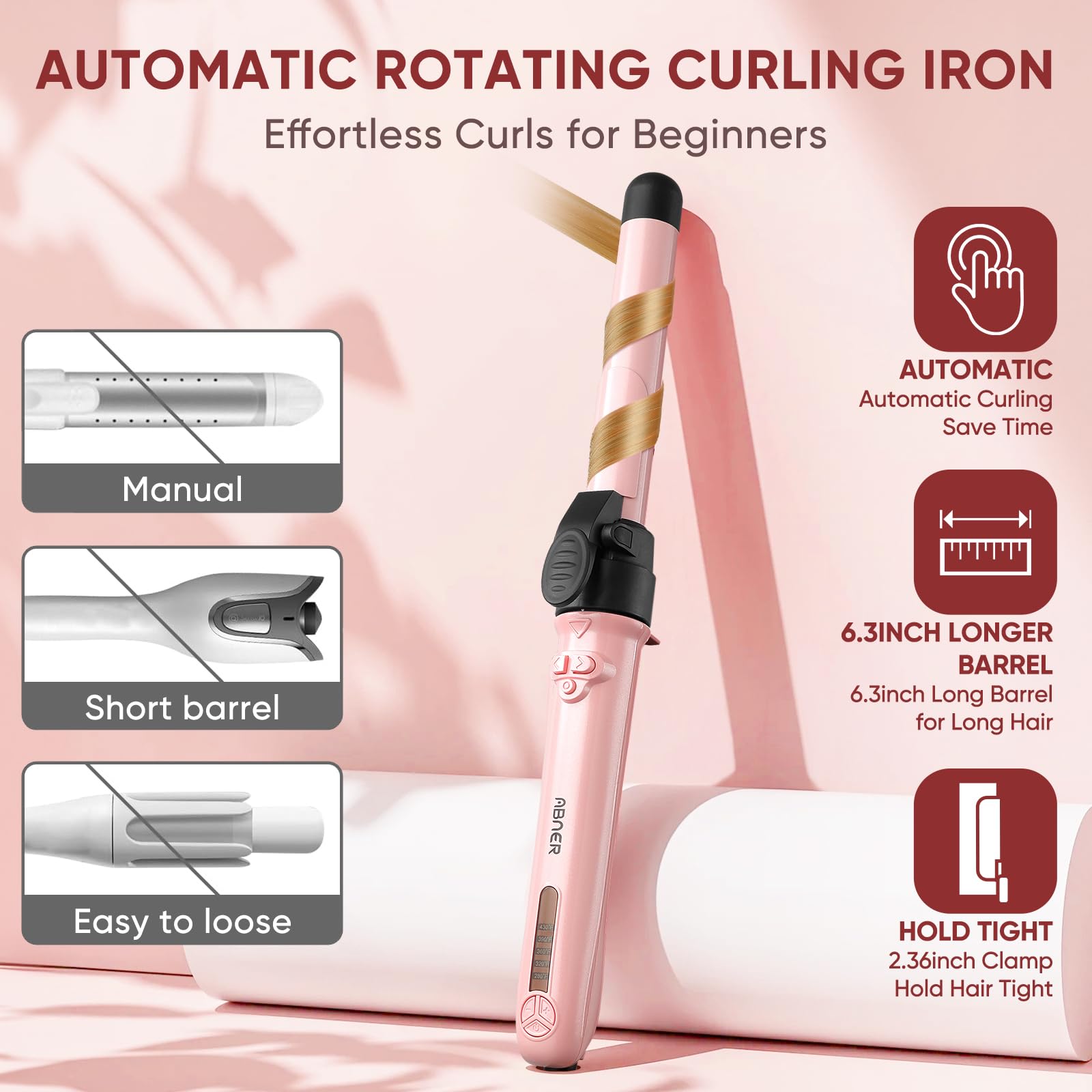ABNER long-barrel wand with 0.75 to 1.25 inch barrels creates smooth, long-lasting waves