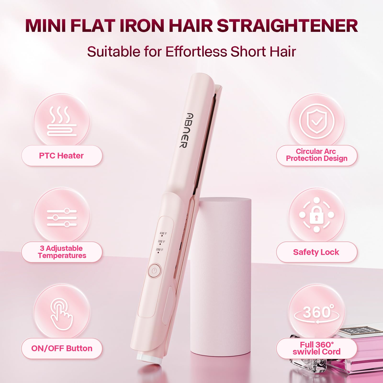 ABNER Mini Flat Iron ceramic plates with 3D floating tech for smooth, snag-free styling.