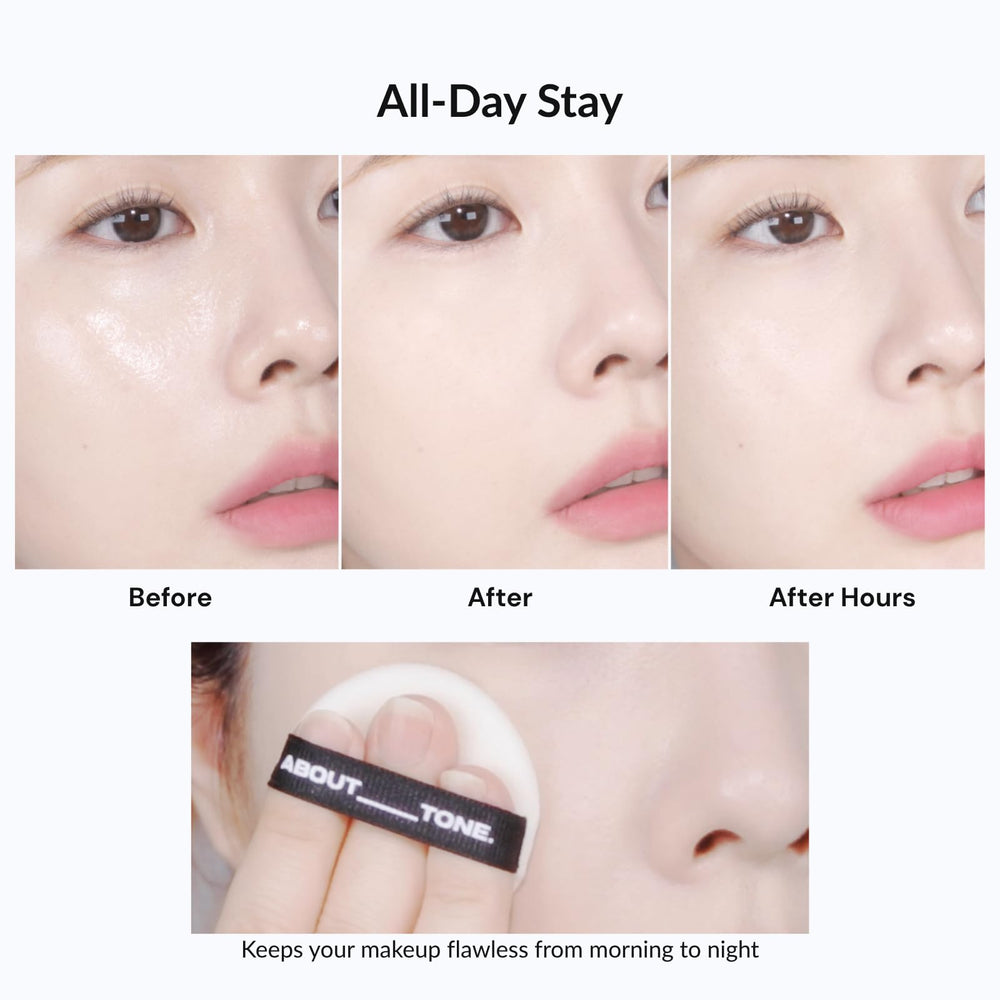 ABOUT TONE Blur Powder Pact oil-control finish reduces shine throughout the day
