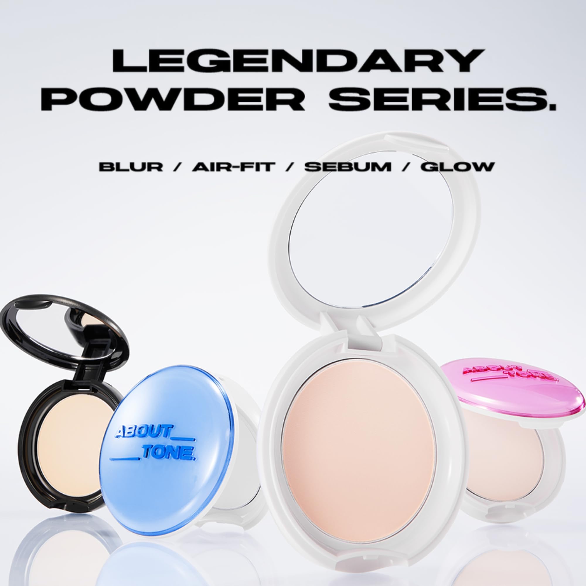 ABOUT TONE sebum cut powder compact packaging close-up emphasizes travel-friendly design.